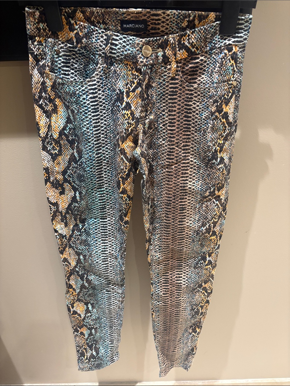 Marciano Teal and Brown Snake-Print Skinny Jeans